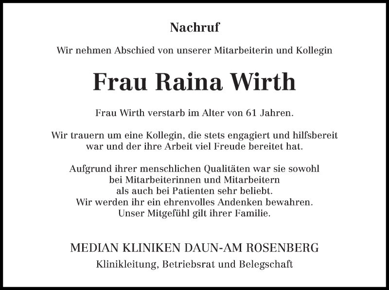  Traueranzeige für Raina Wirth vom 16.01.2021 aus trierischer_volksfreund