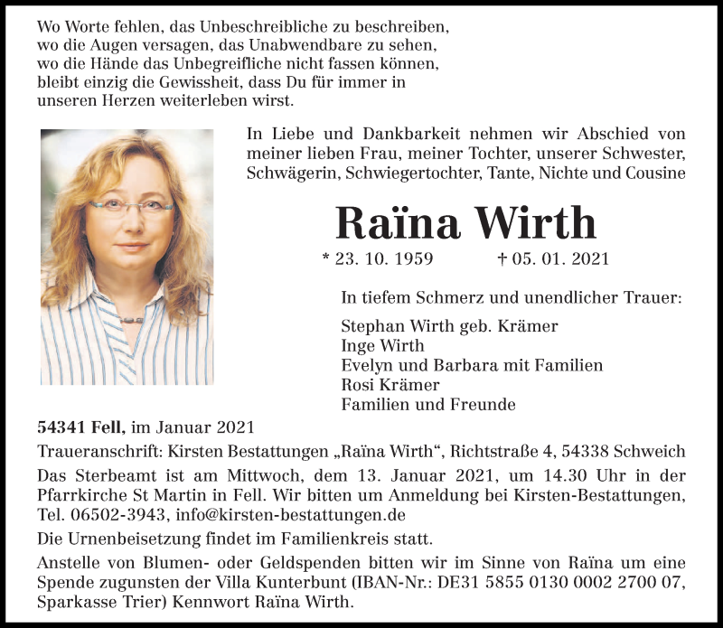  Traueranzeige für Raina Wirth vom 09.01.2021 aus trierischer_volksfreund