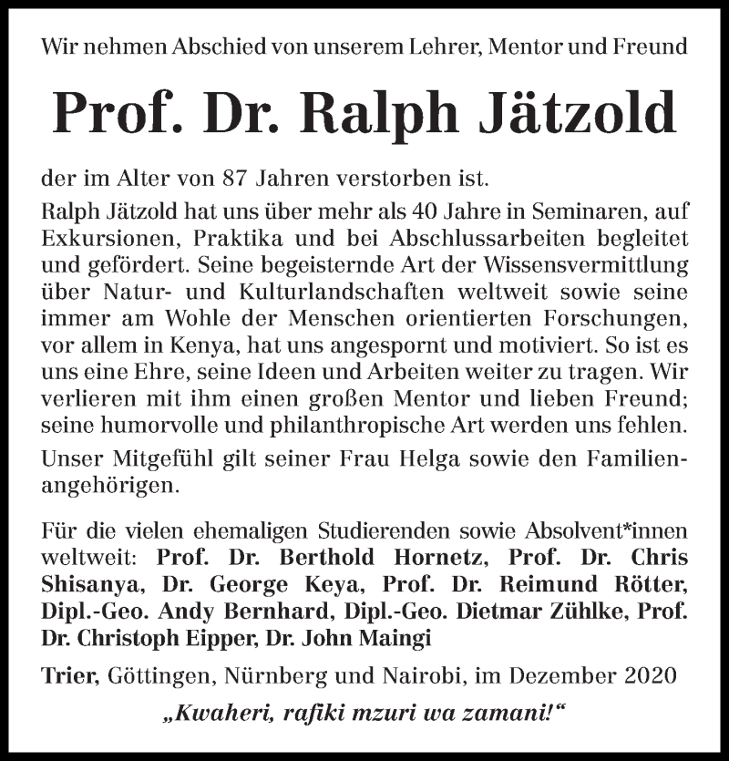  Traueranzeige für Ralph Jätzold vom 31.12.2020 aus trierischer_volksfreund