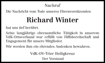 Traueranzeige von Richard Winter von trierischer_volksfreund