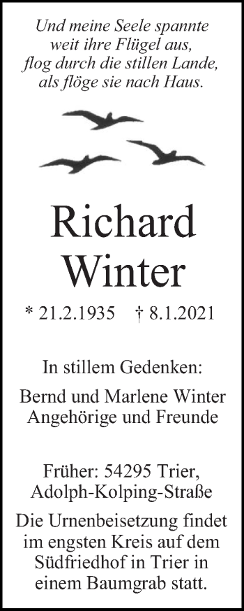 Traueranzeige von Richard Winter von trierischer_volksfreund