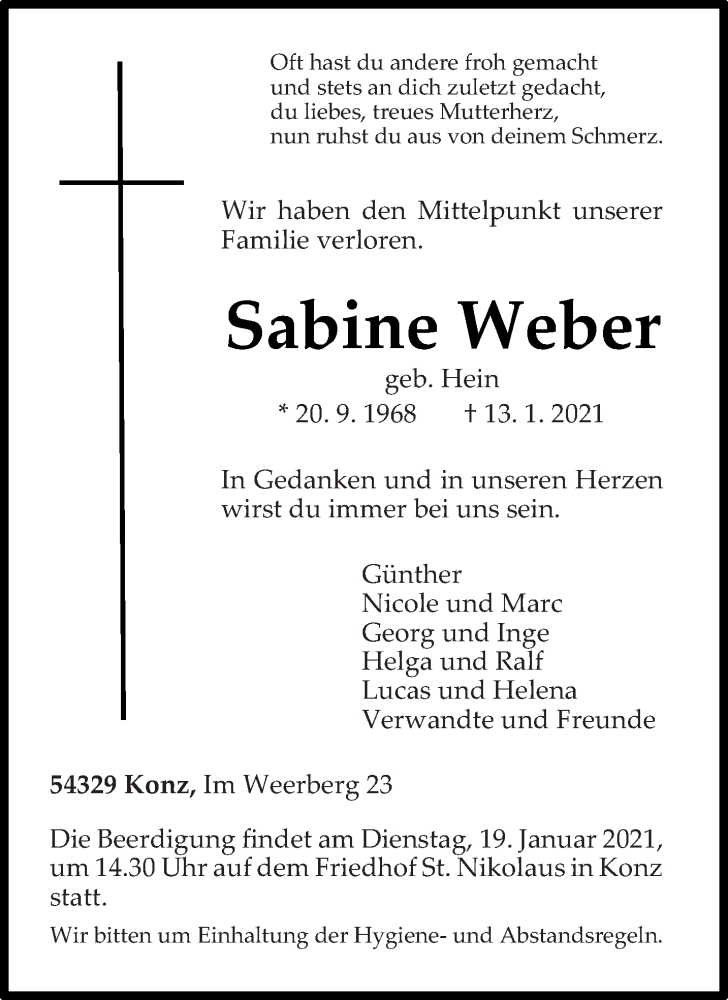  Traueranzeige für Sabine Weber vom 16.01.2021 aus trierischer_volksfreund