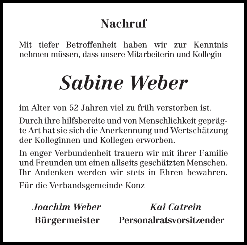  Traueranzeige für Sabine Weber vom 16.01.2021 aus trierischer_volksfreund