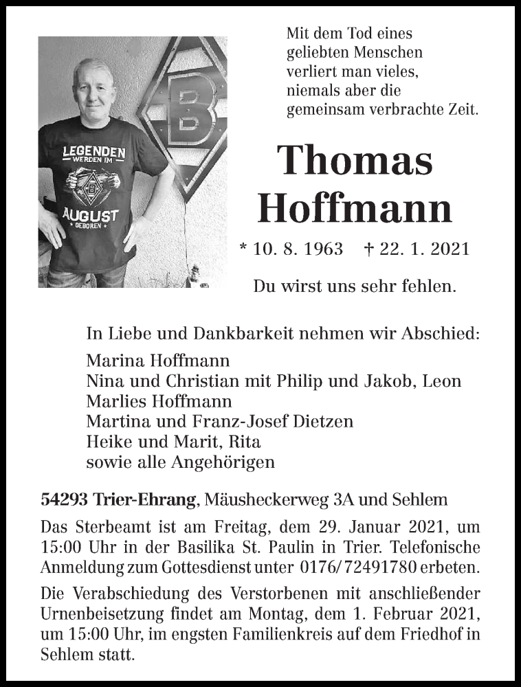  Traueranzeige für Thomas Hoffmann vom 27.01.2021 aus trierischer_volksfreund