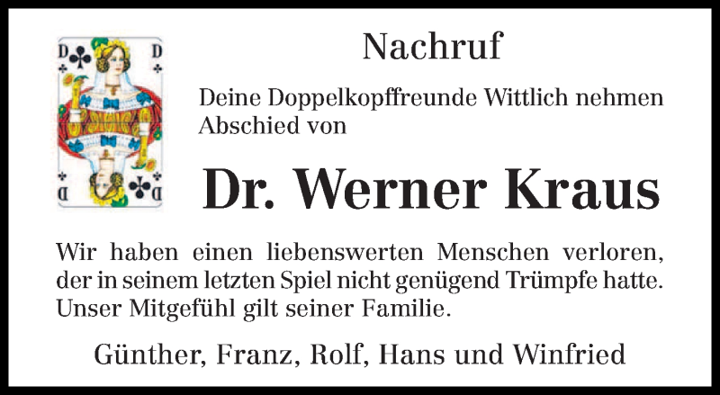  Traueranzeige für Werner Kraus vom 26.01.2021 aus trierischer_volksfreund