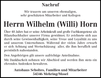 Traueranzeige von Wilhelm Horn von trierischer_volksfreund