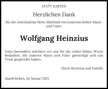 Traueranzeige von Wolfgang Heinzius von trierischer_volksfreund