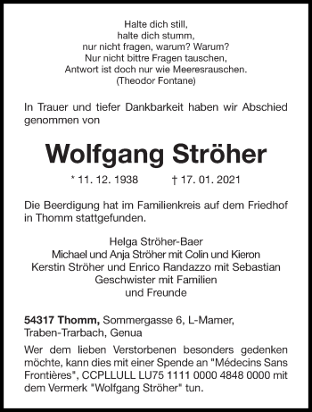 Traueranzeige von Wolfgang Ströher von trierischer_volksfreund