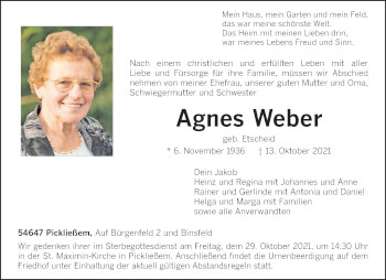 Traueranzeige von Agnes Weber von trierischer_volksfreund