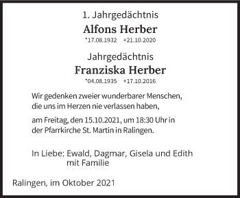 Traueranzeige von Alfons und Franziska Herber von trierischer_volksfreund