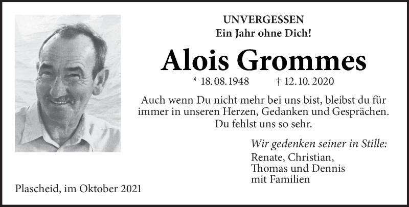  Traueranzeige für Alois Grommes vom 09.10.2021 aus trierischer_volksfreund