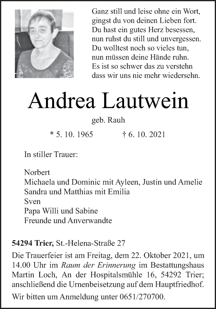  Traueranzeige für Andrea Lautwein vom 16.10.2021 aus trierischer_volksfreund