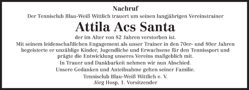  Traueranzeige für Attila Acs Santa vom 16.10.2021 aus trierischer_volksfreund