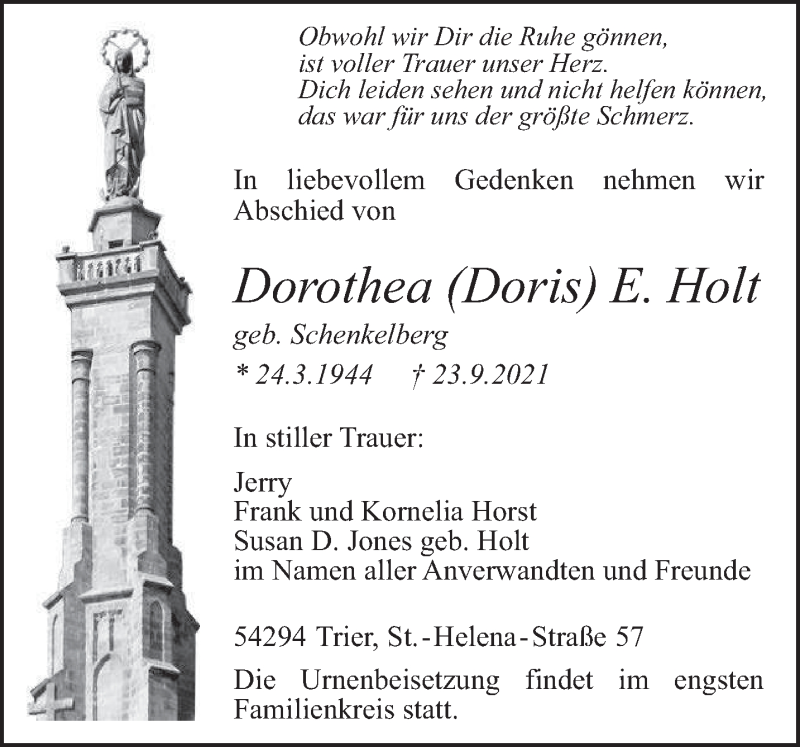  Traueranzeige für Dorothea E. Holt vom 02.10.2021 aus trierischer_volksfreund