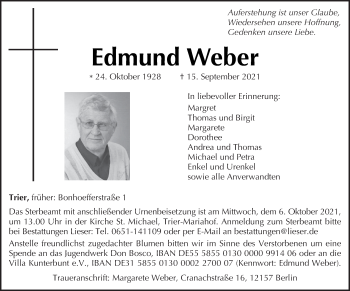 Traueranzeige von Edmund Weber von trierischer_volksfreund