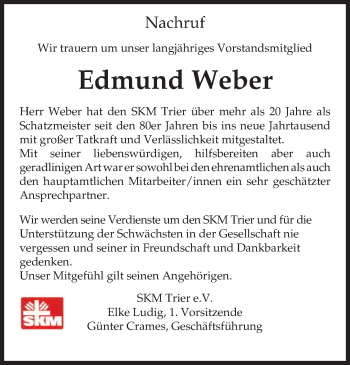 Traueranzeige von Edmund Weber von trierischer_volksfreund