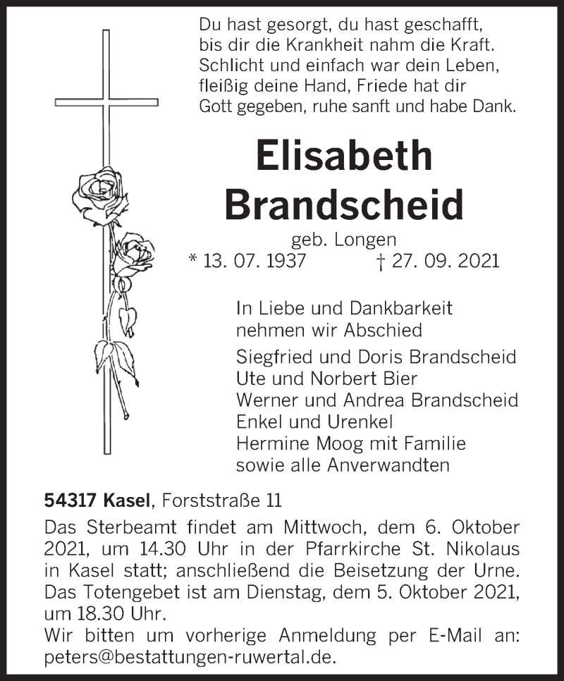  Traueranzeige für Elisabeth Brandscheid vom 02.10.2021 aus trierischer_volksfreund