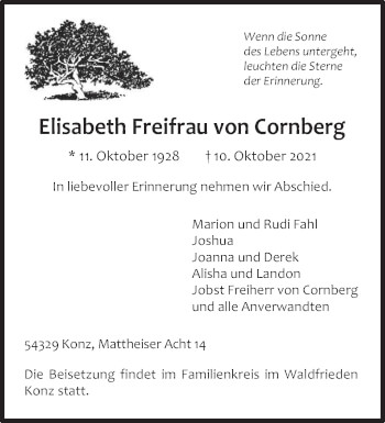 Traueranzeige von Elisabeth Freifrau von Cornberg von trierischer_volksfreund