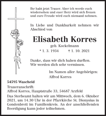 Traueranzeige von Elisabeth Korres von trierischer_volksfreund