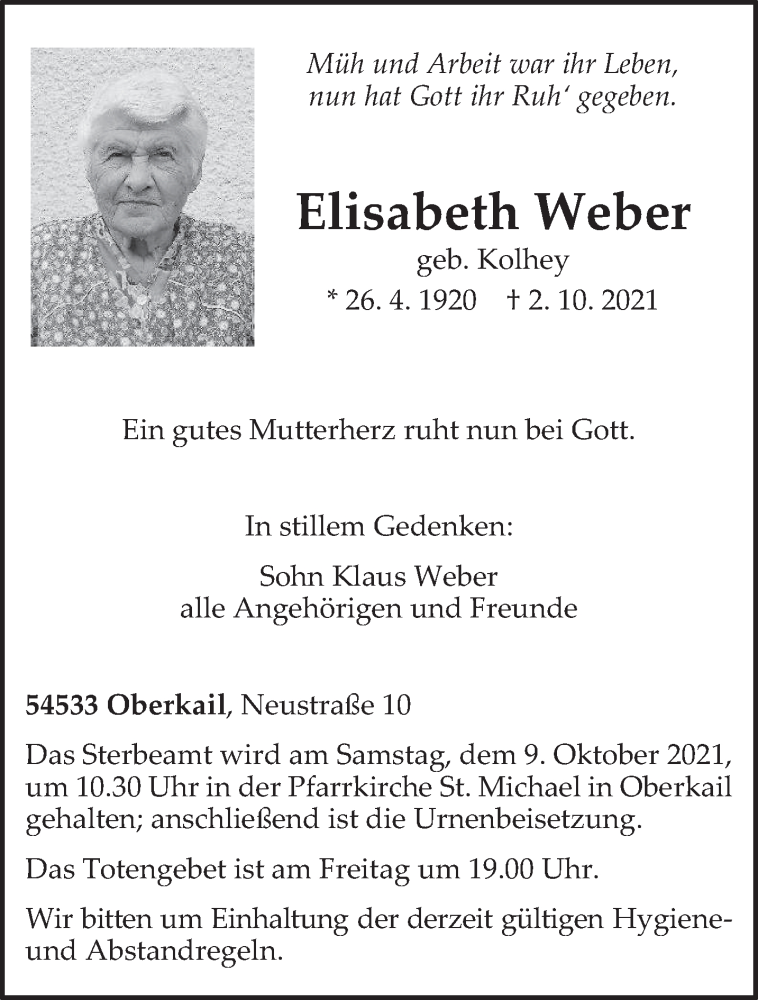  Traueranzeige für Elisabeth Weber vom 06.10.2021 aus trierischer_volksfreund