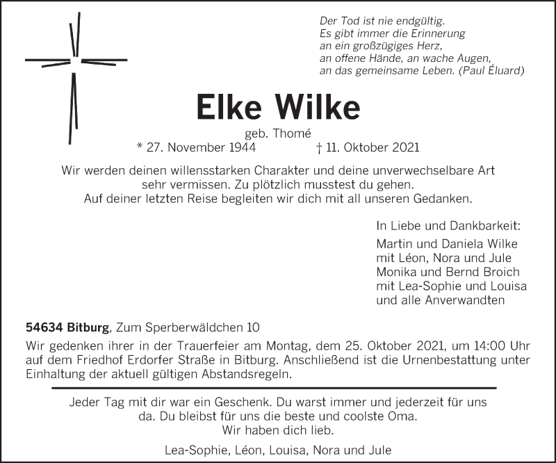  Traueranzeige für Elke Wilke vom 20.10.2021 aus trierischer_volksfreund