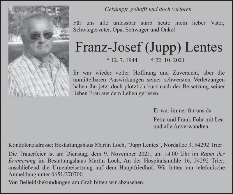  Traueranzeige für Franz-Josef Lentes vom 30.10.2021 aus trierischer_volksfreund