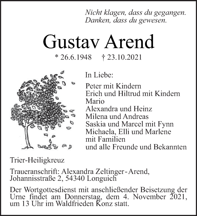  Traueranzeige für Gustav Arend vom 30.10.2021 aus trierischer_volksfreund
