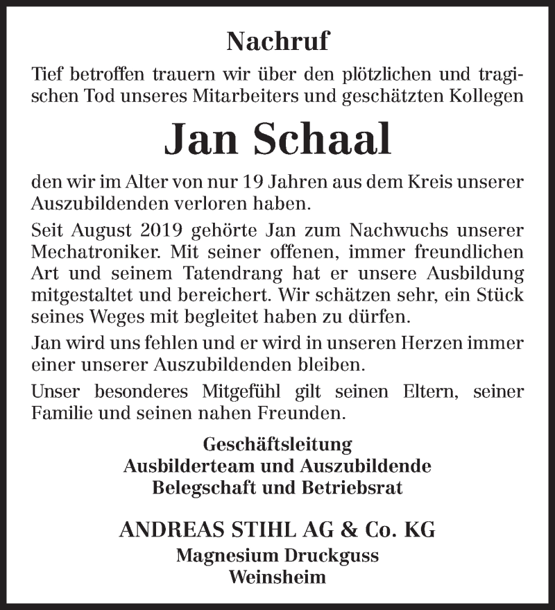  Traueranzeige für Jan Schaal vom 01.10.2021 aus trierischer_volksfreund
