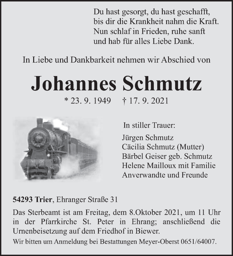  Traueranzeige für Johannes Schmutz vom 02.10.2021 aus trierischer_volksfreund