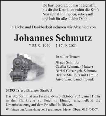 Traueranzeige von Johannes Schmutz von trierischer_volksfreund
