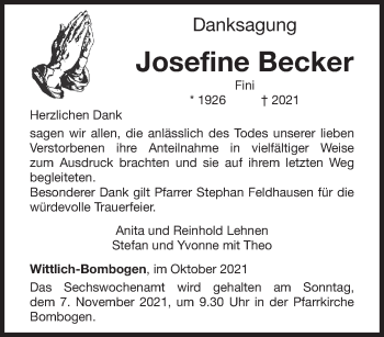 Traueranzeige von Josefine Becker von trierischer_volksfreund