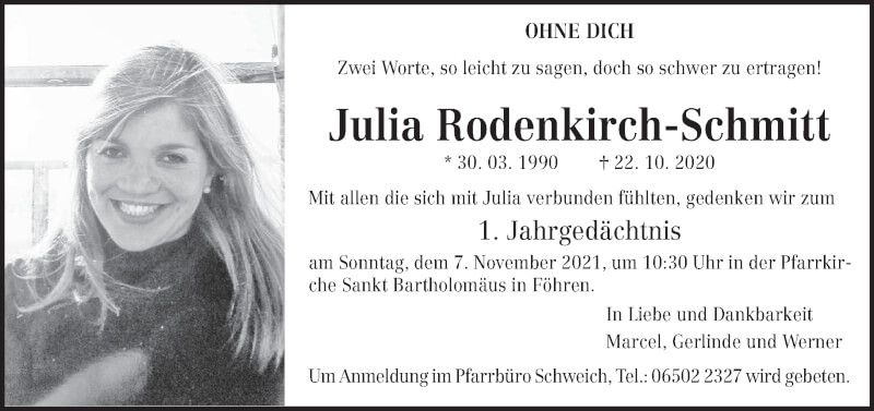  Traueranzeige für Julia Rodenkirch-Schmitt vom 23.10.2021 aus trierischer_volksfreund