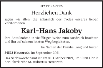 Traueranzeige von Karl-Hans Jakoby von trierischer_volksfreund