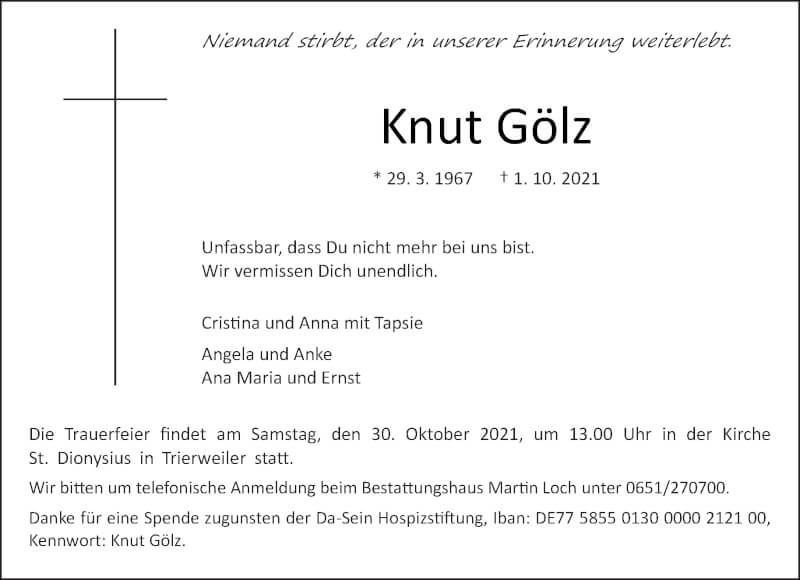  Traueranzeige für Knut Gölz vom 23.10.2021 aus trierischer_volksfreund