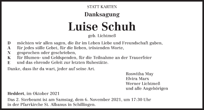  Traueranzeige für Luise Schuh vom 30.10.2021 aus trierischer_volksfreund