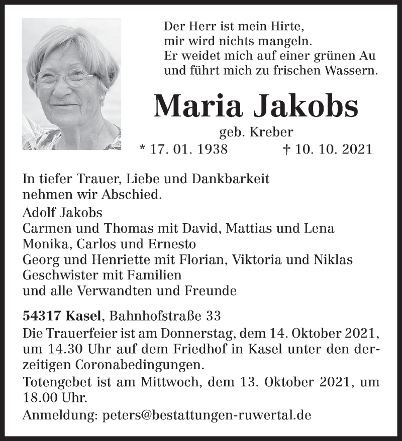  Traueranzeige für Maria Jakobs vom 12.10.2021 aus trierischer_volksfreund