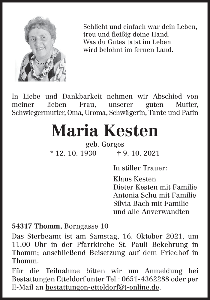  Traueranzeige für Maria Kesten vom 13.10.2021 aus trierischer_volksfreund