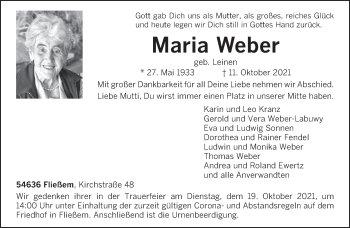 Traueranzeige von Maria Weber von trierischer_volksfreund