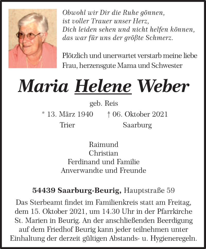  Traueranzeige für Maria Helene Weber vom 11.10.2021 aus trierischer_volksfreund