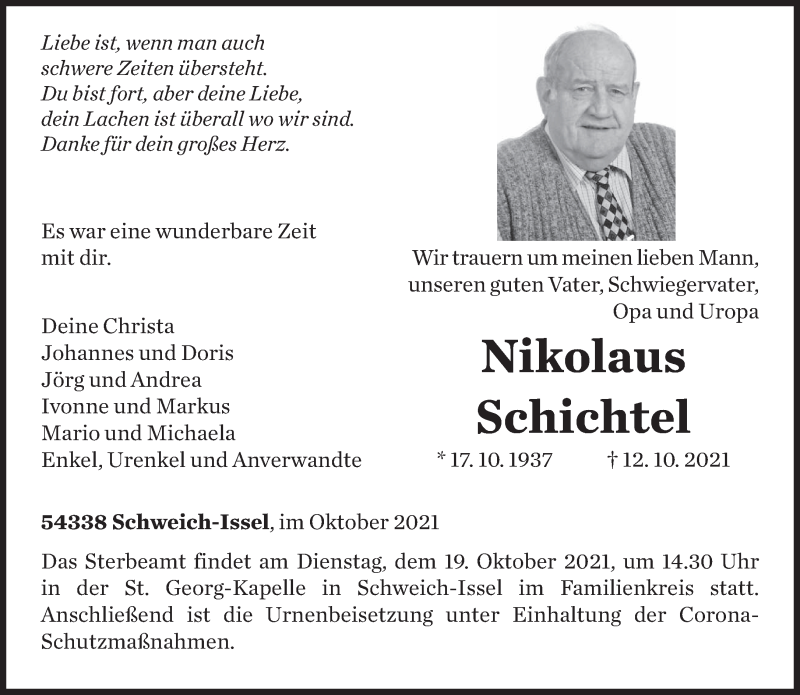  Traueranzeige für Nikolaus Schichtel vom 15.10.2021 aus trierischer_volksfreund