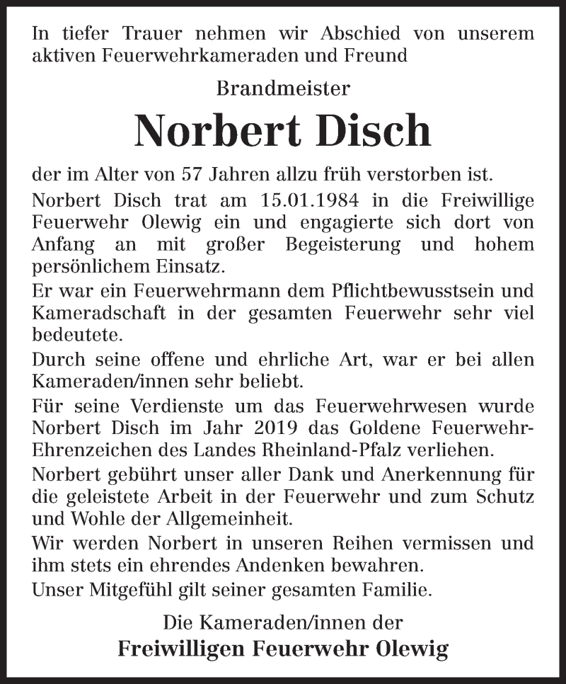  Traueranzeige für Norbert Disch vom 13.10.2021 aus trierischer_volksfreund