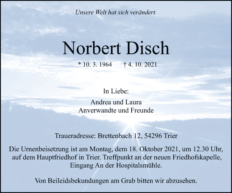  Traueranzeige für Norbert Disch vom 13.10.2021 aus trierischer_volksfreund