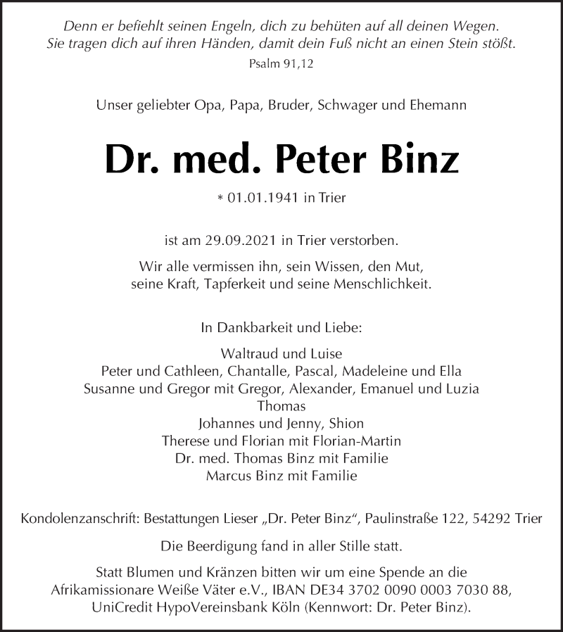  Traueranzeige für Peter Binz vom 09.10.2021 aus trierischer_volksfreund