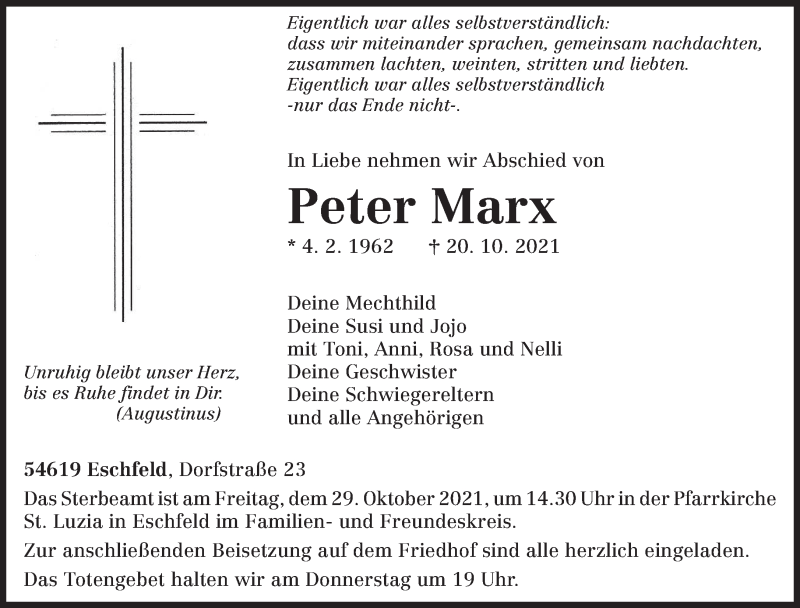  Traueranzeige für Peter Marx vom 25.10.2021 aus trierischer_volksfreund