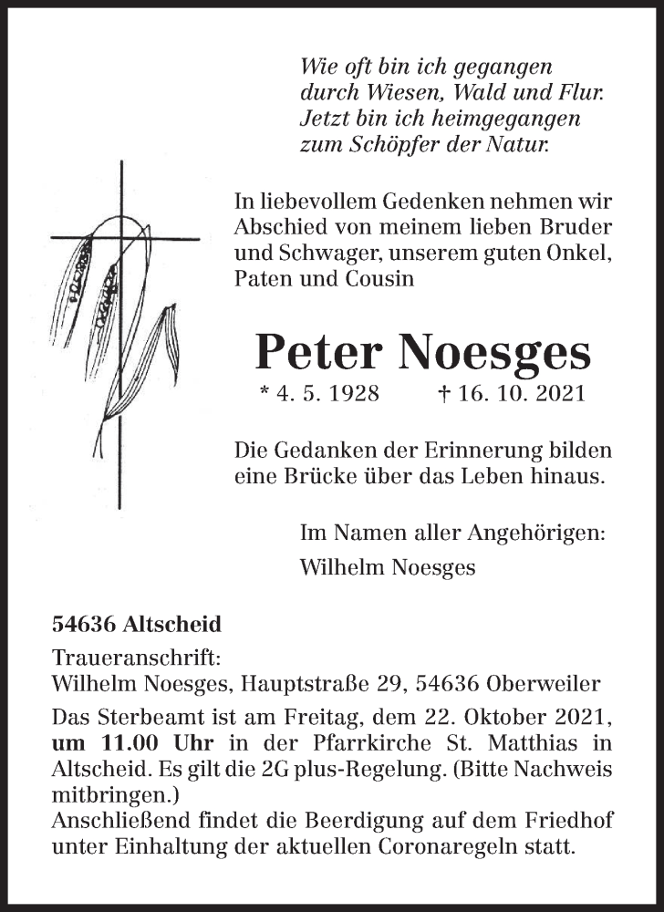 Traueranzeigen Von Peter Noesges | Volksfreund.Trauer.de