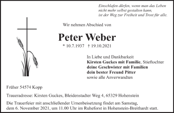 Traueranzeige von Peter Weber von trierischer_volksfreund