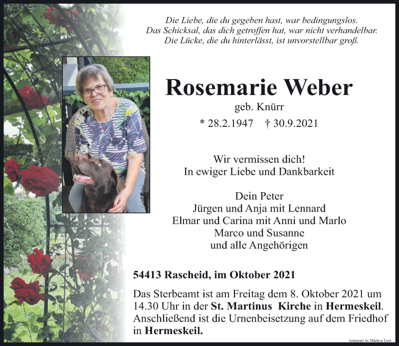  Traueranzeige für Rosemarie Weber vom 06.10.2021 aus trierischer_volksfreund