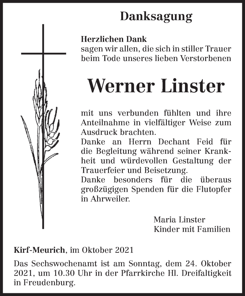  Traueranzeige für Werner Linster vom 16.10.2021 aus trierischer_volksfreund