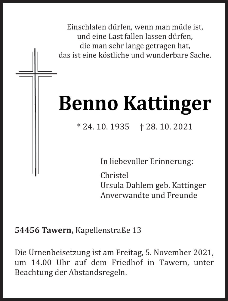  Traueranzeige für Benno Kattinger vom 03.11.2021 aus trierischer_volksfreund