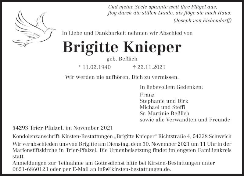 Traueranzeige für Brigitte Knieper vom 27.11.2021 aus trierischer_volksfreund
